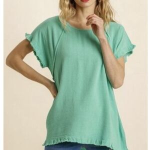 Umgee Linen Blend Top Small Fringe Frayed Hem Crewneck In TEAL